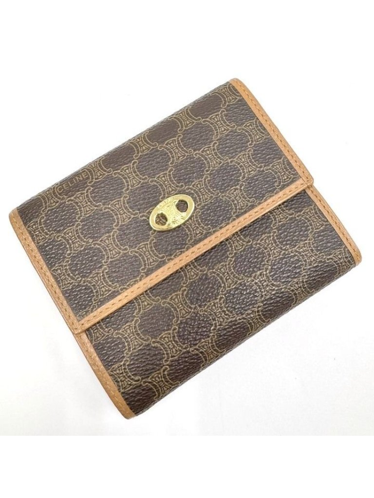 Celine Trifold Wallet Macadam Leather Dark Brown Gold X